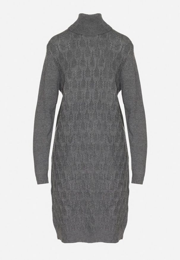 Born2be - Ciemnoszara Sweterkowa Sukienka z Wełną Bawełną i Golfem o Pudełkowym Kroju Akenavia. Okazja: na co dzień. Typ kołnierza: golf. Kolor: szary. Materiał: wełna, bawełna. Styl: casual, elegancki