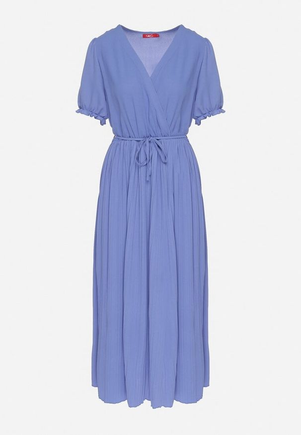 Born2be - Niebieska Kopertowa Sukienka z Bawełną i Paskiem Ivellevia. Okazja: na co dzień. Typ kołnierza: dekolt w serek. Kolor: niebieski. Materiał: bawełna. Długość rękawa: długi rękaw. Sezon: lato. Typ sukienki: kopertowe. Styl: casual, elegancki, klasyczny