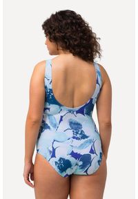 ULLA POPKEN - Damski Kostium kąpielowy kwiaty bez miękkich miseczek okrągły dekolt. Kolekcja: plus size. Kolor: niebieski. Materiał: poliester, elastan, poliamid, materiał. Wzór: kwiaty