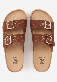 Renee - Brązowe Szydełkowe Klapki z Paskami ze Sprzączkami na Podeszwie z Imitacji Korka Elriess. Okazja: na co dzień. Kolor: brązowy. Materiał: jeans. Wzór: paski, ażurowy. Styl: boho, klasyczny, casual #9