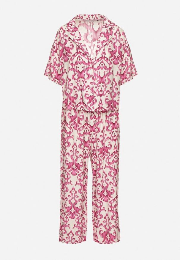 Born2be - Różowy Komplet z Wiskozy w Ornamentalny Wzór Koszula i Spodnie Evialirae. Kolor: różowy. Materiał: wiskoza