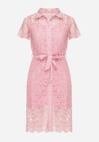 Born2be - Różowa Koszulowa Sukienka Koronkowa z Wiązanym Paskiem Sachaela. Kolor: różowy. Materiał: koronka. Typ sukienki: koszulowe. Długość: midi #2
