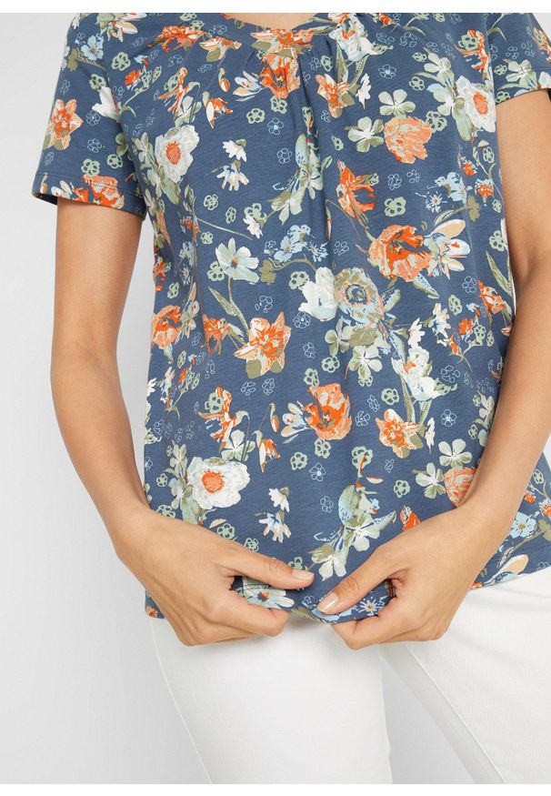 bonprix - Shirt z bawełny organicznej z nadrukiem, krótki rękaw. Typ kołnierza: dekolt w serek. Kolor: niebieski. Materiał: bawełna. Długość rękawa: krótki rękaw. Długość: krótkie. Wzór: nadruk