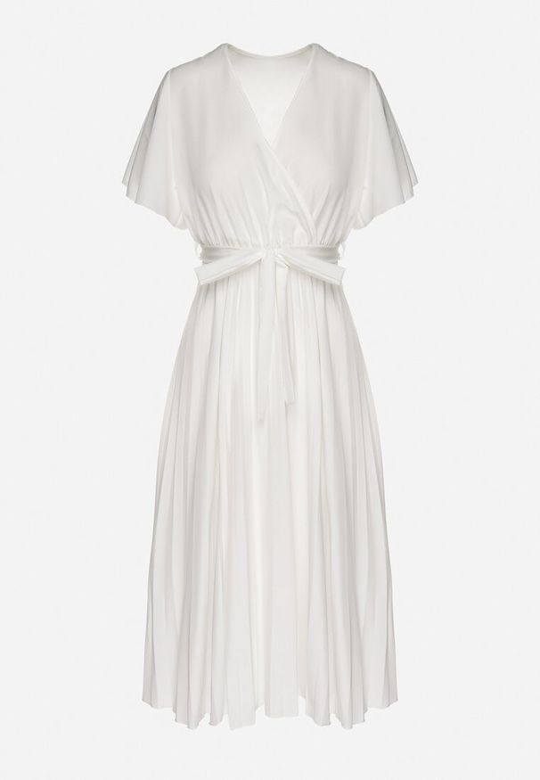 Born2be - Biała Sukienka Plisowana z Dekoltem w V z Paskiem w Talii Zolseki. Okazja: na co dzień. Kolor: biały. Styl: casual, klasyczny