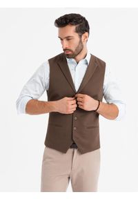 Ombre Clothing - Dopasowana męska kamizelka ze strukturalnej dzianiny z klapami – brązowa V2. Kolor: brązowy. Materiał: dzianina. Styl: elegancki, klasyczny