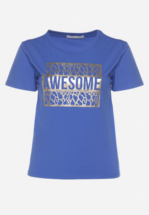 Born2be - Niebieski Bawełniany T-shirt z Ozdobnym Napisem Floerin. Okazja: na co dzień. Kolor: niebieski. Materiał: bawełna. Wzór: napisy. Styl: elegancki, casual