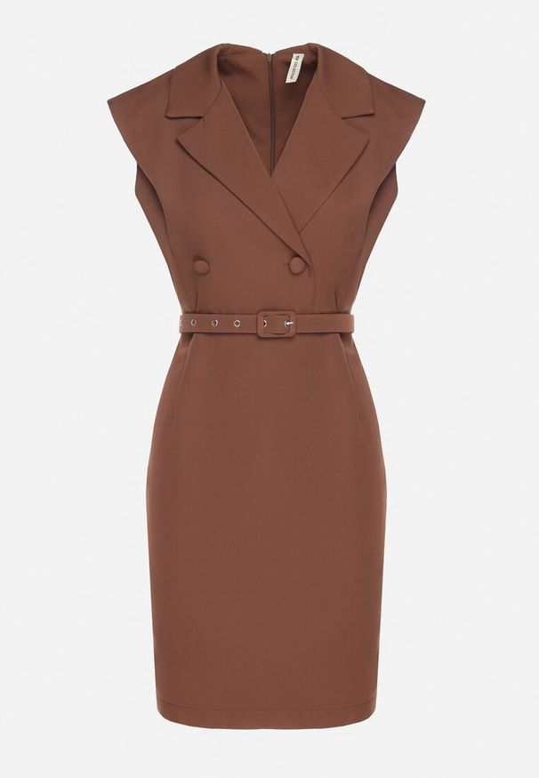 Born2be - Brązowa Dopasowana Sukienka Ozdobiona Paskiem z Klamrą Nandelli. Okazja: na spotkanie biznesowe. Typ kołnierza: dekolt w kształcie V. Kolor: brązowy. Wzór: aplikacja. Typ sukienki: dopasowane. Styl: biznesowy