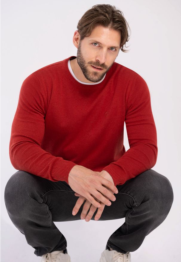 Volcano - Sweter basic S‑RADO. Kolekcja: plus size. Kolor: czerwony. Materiał: skóra, włókno, dzianina, bawełna, materiał. Wzór: haft, ze splotem. Styl: klasyczny