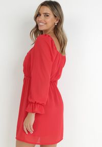 Born2be - Czerwona Sukienka z Błyszczącą Nitką i Ściągaczem z Przodu Gissi. Kolor: czerwony #6