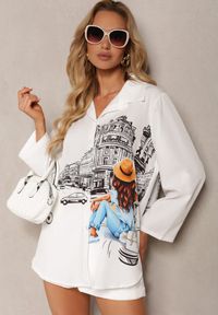 Renee - Biało-Czarna Koszula Oversize z Podpinanymi Rękawami i Nadrukiem Motywu Miasta Zulefia. Typ kołnierza: dekolt w łódkę. Kolor: biały. Wzór: nadruk #5