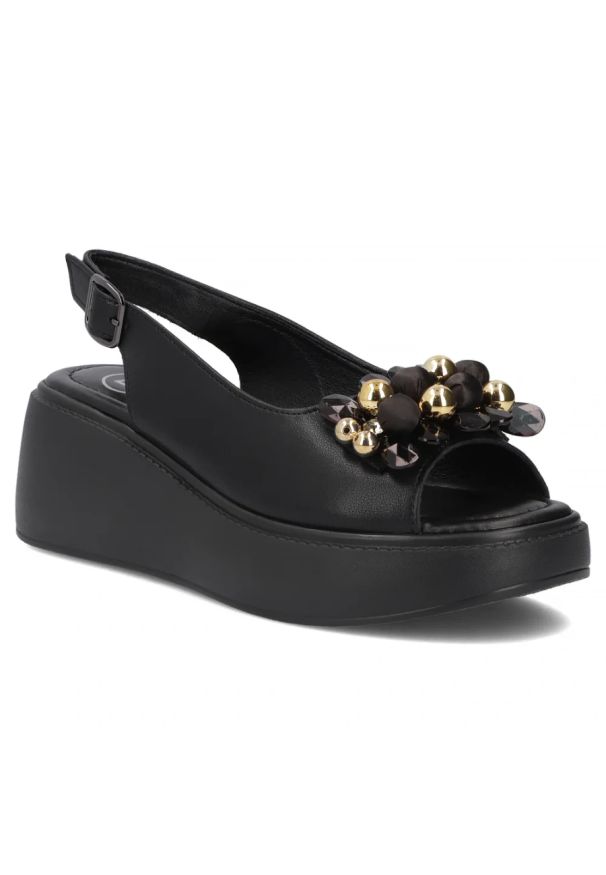 Skórzane sandały damskie na koturnie czarne Filippo DS7577. Kolor: czarny. Materiał: skóra. Sezon: lato. Obcas: na koturnie