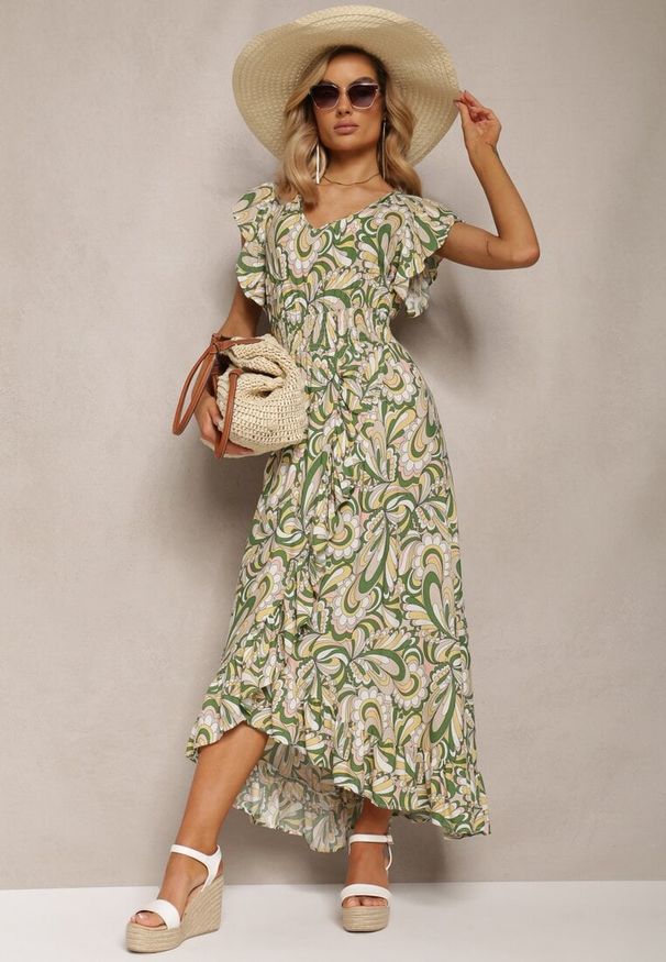 Renee - Ciemnozielona Sukienka Boho z Gumką w Pasie i Asymetrycznym Dołem z Wiskozy Anorissa. Kolor: zielony. Materiał: wiskoza. Typ sukienki: asymetryczne. Styl: boho