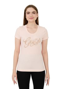 Guess - GUESS Różowy damski t-shirt Script, Rozmiar M. Kolor: różowy #3