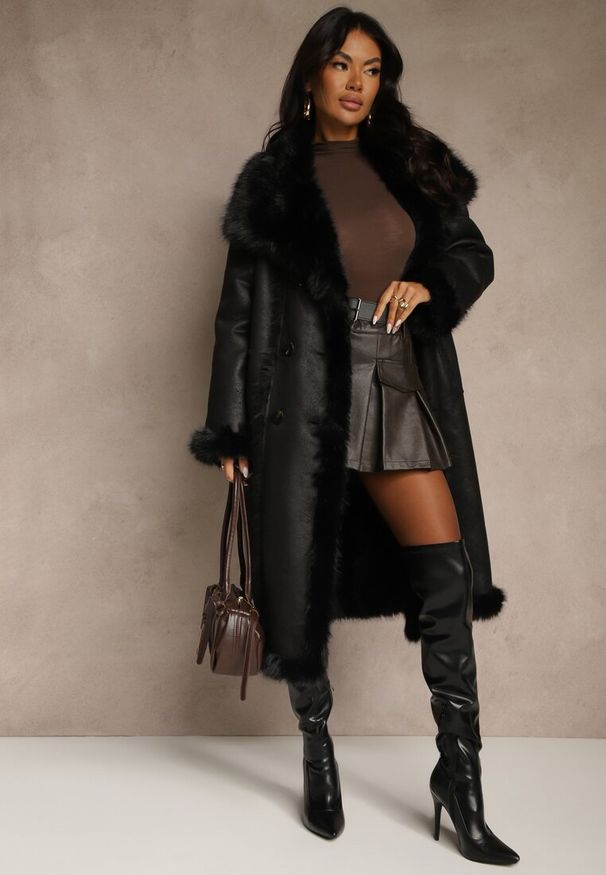 Renee - Czarny Dwurzędowy Płaszcz Futerko o Dwustronnym Kroju z Kołnierzem Nalaneva. Okazja: na imprezę, na co dzień. Kolor: czarny. Materiał: futro. Styl: klasyczny, casual, elegancki