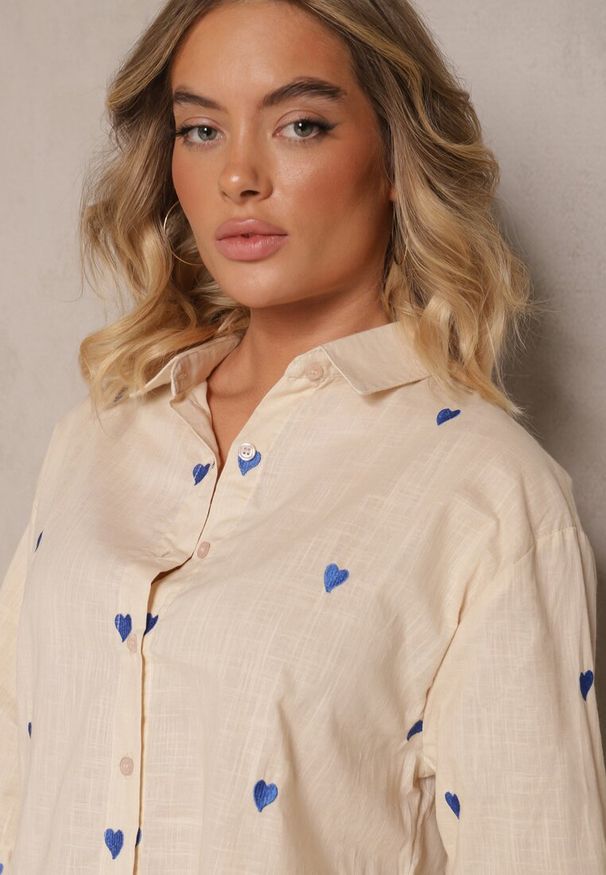 Renee - Beżowa Bawełniana Koszula w Serca Elearose. Okazja: na co dzień. Kolor: beżowy. Materiał: bawełna. Długość: długie. Styl: klasyczny, elegancki, casual