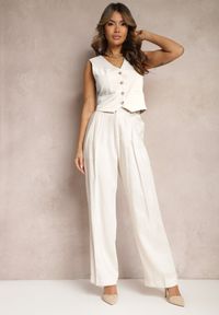 Renee - Jasnobeżowe Szerokie Spodnie High Waist z Kieszeniami Keanne. Okazja: na co dzień. Stan: podwyższony. Kolekcja: dla wysokich. Kolor: beżowy. Styl: casual
