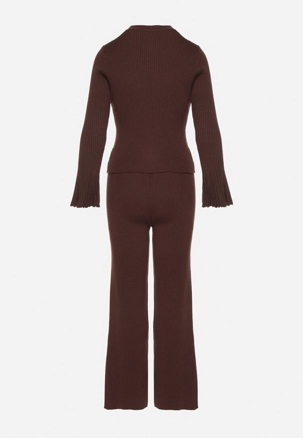 Born2be - Brązowy Dzianinowy Komplet z Wiskozą Kardigan i Szerokie Spodnie Conella. Kolor: brązowy. Materiał: dzianina, wiskoza
