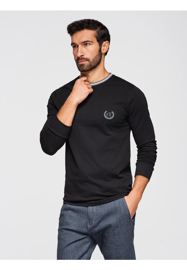 Ombre Clothing - Bawełniany longsleeve męski z dekoltem U w paski i haftem – czarny V4 - Rozmiar: XXL. Kolor: czarny. Materiał: bawełna. Długość rękawa: długi rękaw. Wzór: haft, paski. Styl: sportowy