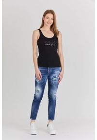 Guess - GUESS Czarny top damski z logo z koralików, Rozmiar XS. Kolor: czarny. Materiał: prążkowany, bawełna. Wzór: nadruk