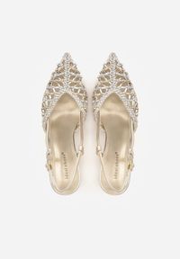 Renee - Złote Sandały na Szpilce z Ażurową Szydełkową Cholewką Navioil. Zapięcie: pasek. Kolor: złoty. Materiał: satyna, len. Wzór: ażurowy. Obcas: na szpilce. Wysokość obcasa: średni #5