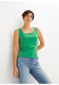 bonprix - Shirt z bawełny organicznej. Typ kołnierza: dekolt w karo. Kolor: zielony. Materiał: bawełna. Długość rękawa: na ramiączkach