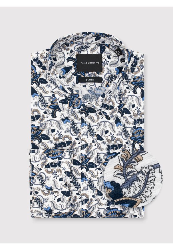 Pako Lorente - PAKO LORENTE - Biała koszula męska niebieskie kwiaty. Kolor: wielokolorowy, niebieski, biały. Materiał: bawełna, elastan. Długość rękawa: długi rękaw. Długość: długie. Wzór: kwiaty. Sezon: jesień
