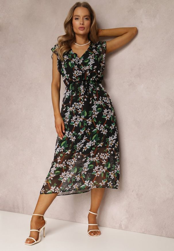 Renee - Czarna Sukienka Vimmy. Kolor: czarny. Materiał: jeans, wiskoza, materiał, tkanina. Długość rękawa: krótki rękaw. Wzór: kwiaty, aplikacja. Styl: klasyczny. Długość: midi