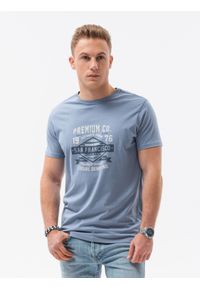 Ombre Clothing - T-shirt męski z nadrukiem S1434 V-20C - niebieski - XXL. Kolor: niebieski. Materiał: bawełna. Wzór: nadruk