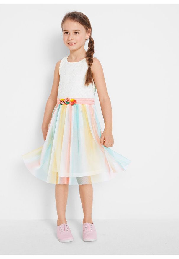 bonprix - Sukienka midi z delikatnej koronki i tiulu. Kolor: biały. Materiał: tiul, koronka. Wzór: koronka. Długość: midi