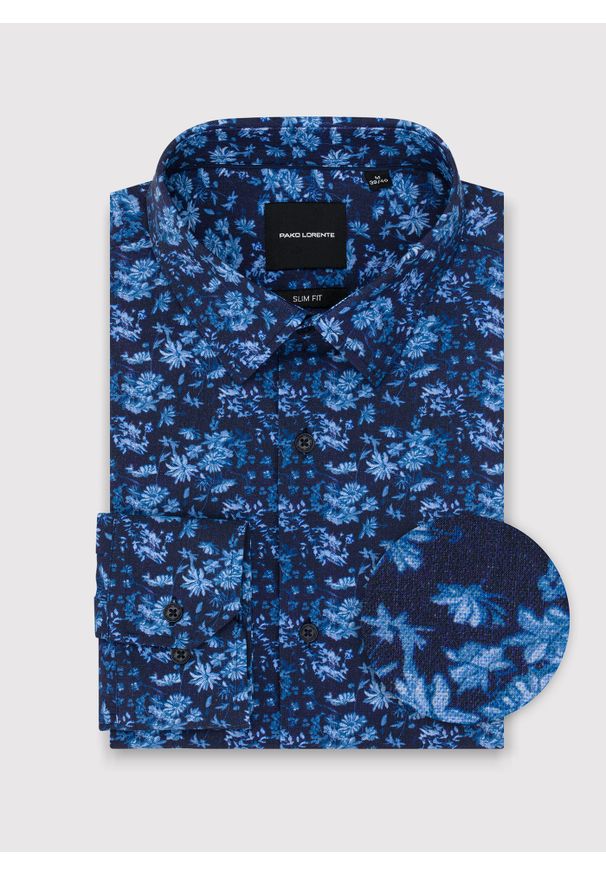 Pako Lorente - PAKO LORENTE – Granatowa dzianinowa koszula w kwiaty. Kolor: niebieski. Materiał: dzianina. Długość rękawa: długi rękaw. Długość: długie. Wzór: kwiaty