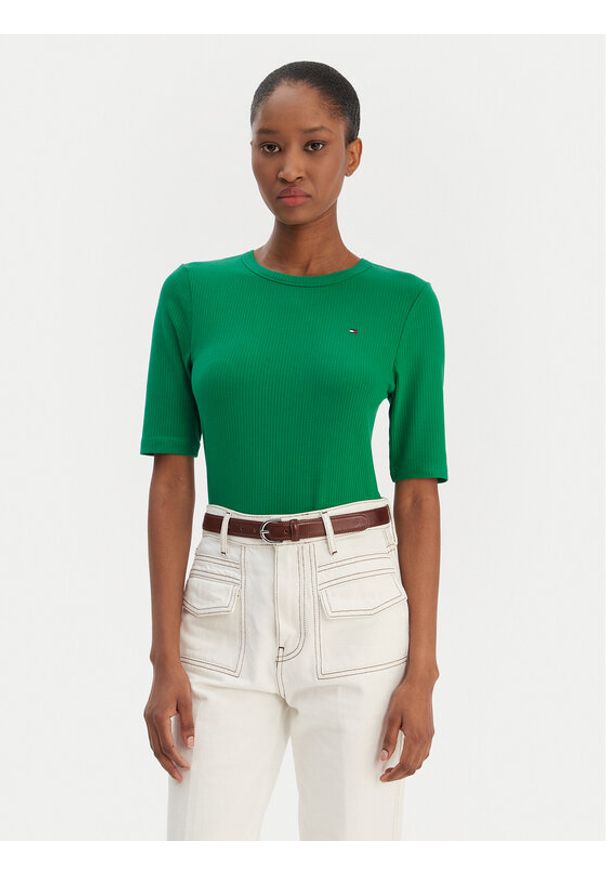 TOMMY HILFIGER - Tommy Hilfiger T-Shirt WW0WW47308 Zielony Slim Fit. Kolor: zielony. Materiał: wiskoza