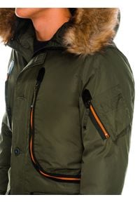 Ombre Clothing - Kurtka męska zimowa parka C369 - khaki - XL. Kolor: brązowy. Materiał: poliester, futro. Sezon: zima #8