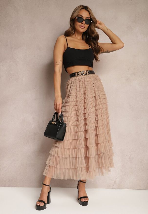 Renee - Beżowa Spódnica Midi z Tiulowymi Falbankami Kontha. Kolor: beżowy. Materiał: tiul. Styl: glamour, elegancki