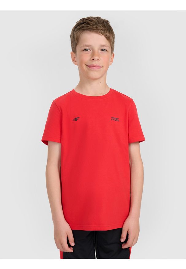 4f - 4F T-shirt regular z nadrukiem dziecięcy 4F JUNIOR x Robert Lewandowski - czerwony 122 (6-7 lat). Kolor: czerwony. Materiał: bawełna, materiał. Wzór: nadruk. Sezon: lato. Styl: sportowy, młodzieżowy