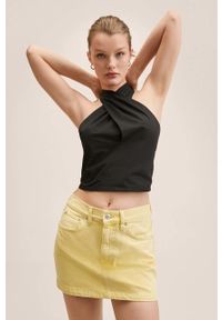 mango - Mango spódnica jeansowa Mom80 kolor żółty mini prosta. Okazja: na co dzień. Kolor: żółty. Materiał: jeans. Styl: casual