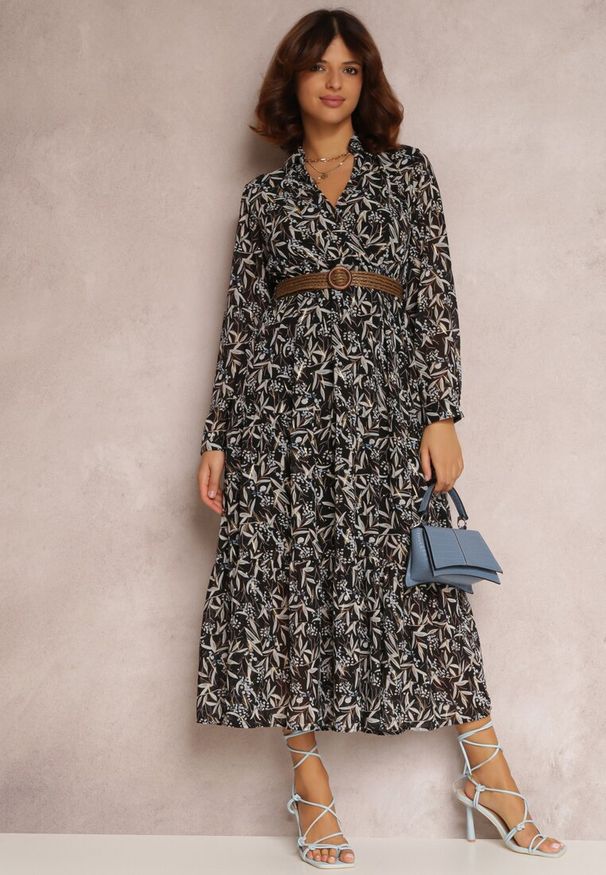 Renee - Czarna Sukienka Foligno. Okazja: na co dzień. Typ kołnierza: kołnierzyk klasyczny. Kolor: czarny. Długość rękawa: długi rękaw. Typ sukienki: proste. Styl: casual, klasyczny. Długość: midi