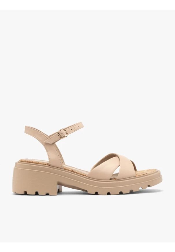 Ryłko - Beżowe sandały damskie. Zapięcie: sprzączka. Kolor: beżowy. Materiał: skóra. Obcas: na platformie. Styl: street, elegancki