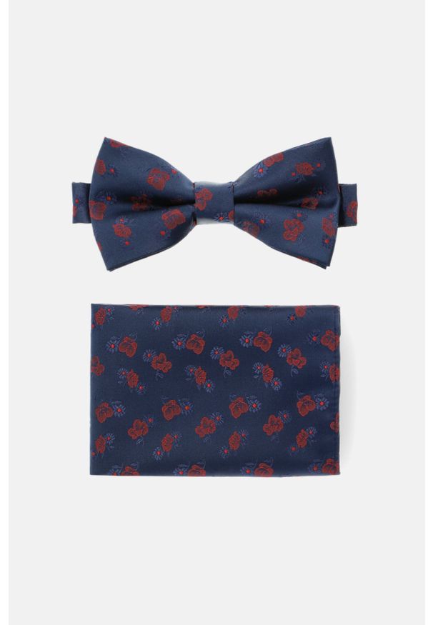 Lancerto - Mucha Granatowa Wzór Kwiatowy Plus Poszetka. Okazja: na ślub cywilny, na wesele. Kolor: niebieski. Materiał: poliester, dzianina. Wzór: kwiaty. Styl: klasyczny, elegancki