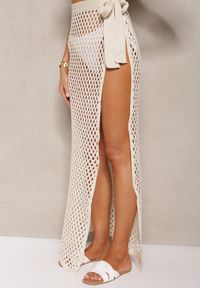 Renee - Beżowa Ażurowa Spódnica High Waist Wiązana z Boku w Pasie Vikiarria. Stan: podwyższony. Kolor: beżowy. Wzór: ażurowy