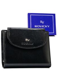ROVICKY - Portfel damski skórzany RFID czarny Rovicky RV-70614-9-BCA. Kolor: czarny. Materiał: skóra. Wzór: aplikacja, napisy, gładki
