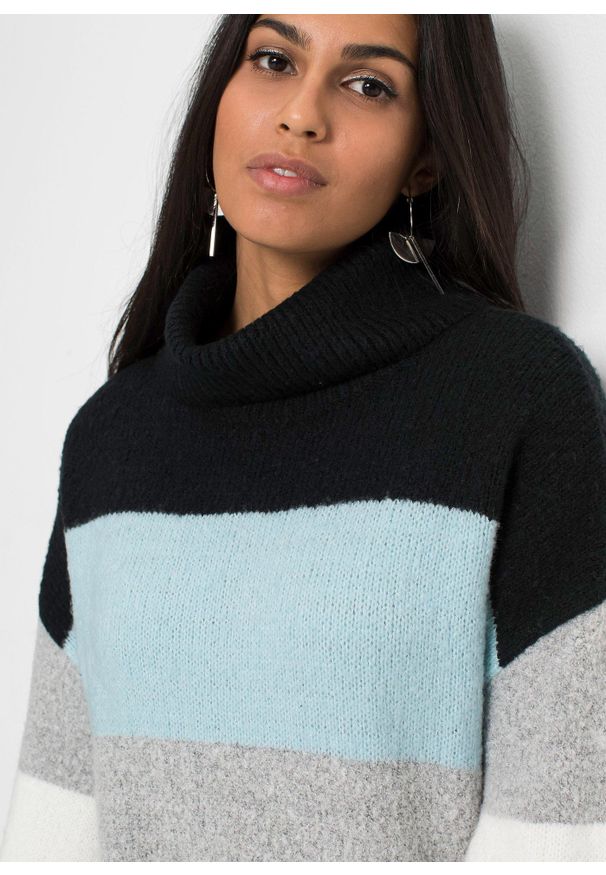 bonprix - Długi sweter. Typ kołnierza: golf. Kolor: czarny. Długość: długie. Wzór: paski