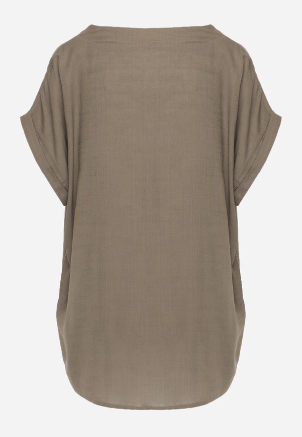 Born2be - Ciemnobeżowa Nietoperzowa Bluzka z Krótkim Rękawem z Lnem i Wiskozą Isirtila. Okazja: na co dzień, do pracy. Kolor: beżowy. Materiał: wiskoza, len. Długość rękawa: krótki rękaw. Długość: krótkie. Sezon: lato. Styl: casual, klasyczny, elegancki