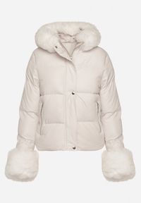 Born2be - Biała Pikowana Kurtka z Kapturem Zdobiona Futerkiem Olenesa. Okazja: na co dzień. Typ kołnierza: kaptur. Kolor: biały. Materiał: futro. Wzór: aplikacja. Styl: casual #5