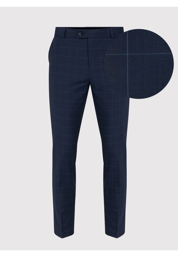 Pako Lorente - PAKO LORENTE – Granatowe spodnie garniturowe w delikatną kratę. Kolor: niebieski. Materiał: wełna, elastan