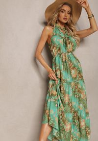 Renee - Zielona Sukienka w Stylu Boho z Gumką w Talii i Ozdobnym Wiązaniem Piofara. Kolor: zielony. Materiał: tkanina. Sezon: lato. Styl: boho
