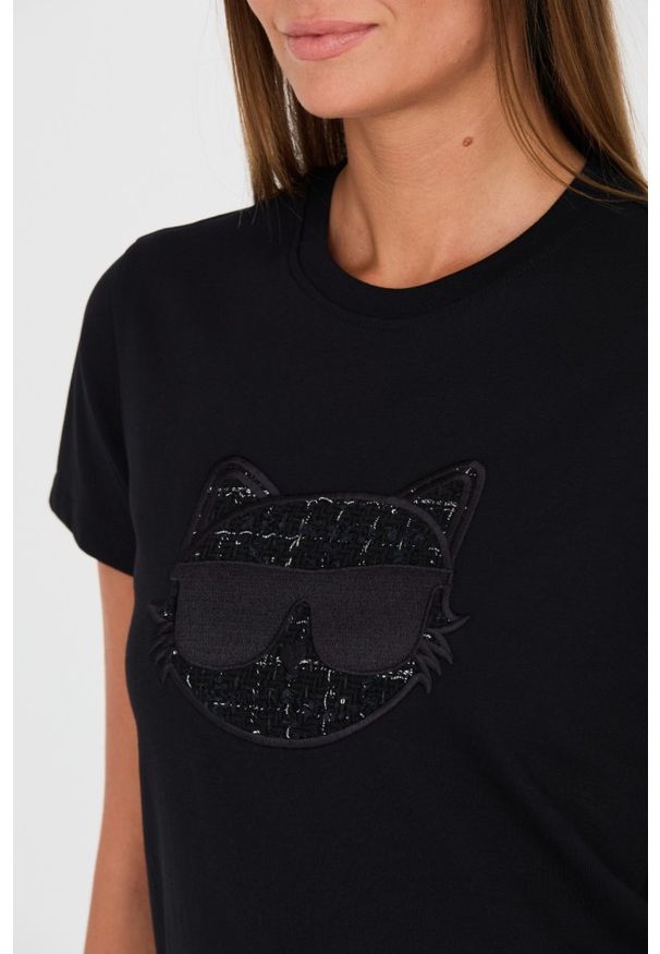 Karl Lagerfeld - KARL LAGERFELD Czarny damski t-shirt Boucle Choupette, Rozmiar S. Kolor: czarny. Materiał: bawełna