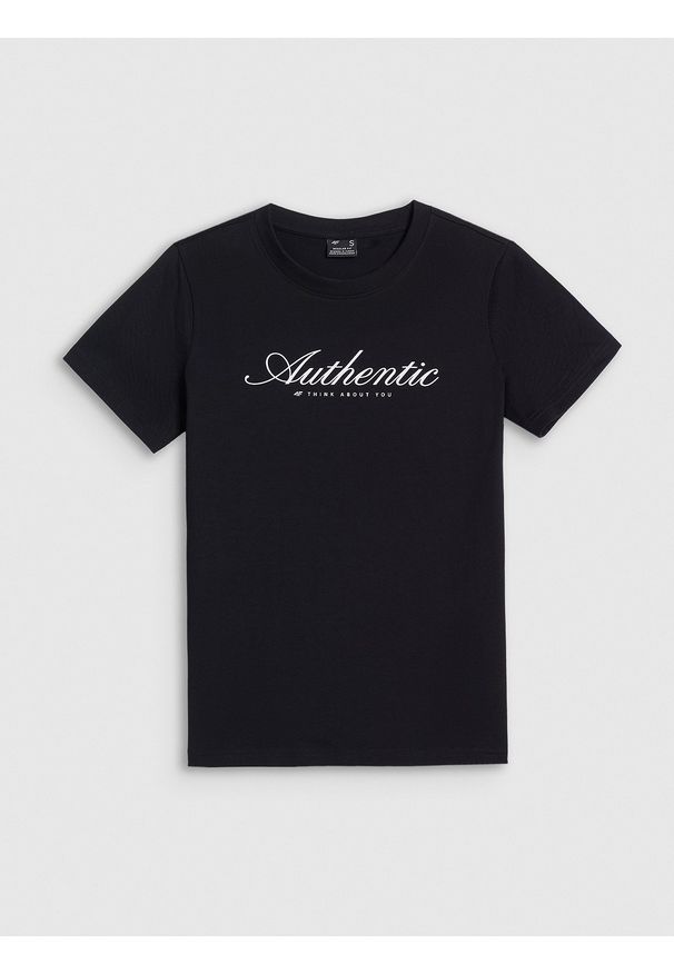 4f - 4F T-shirt regular z nadrukiem damski - czarny L. Okazja: na co dzień, na spacer, do pracy. Kolor: czarny. Materiał: materiał, bawełna. Wzór: nadruk. Styl: casual