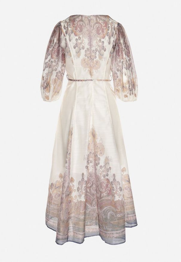 Born2be - Jasnobeżowa Sukienka z Wiskozy o Rozkloszowanym Kroju z Wiązaniem w Talii Redaeva. Okazja: na imprezę, na co dzień. Typ kołnierza: dekolt w kształcie V. Kolor: beżowy. Materiał: wiskoza. Typ sukienki: rozkloszowane. Styl: casual, klasyczny