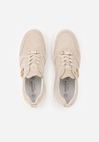 Renee - Beżowe Skórzane Sneakersy na Platformie z Metaliczną Aplikacją Idapheosis. Okazja: na co dzień. Kolor: beżowy. Materiał: skóra. Wzór: aplikacja. Obcas: na platformie #3