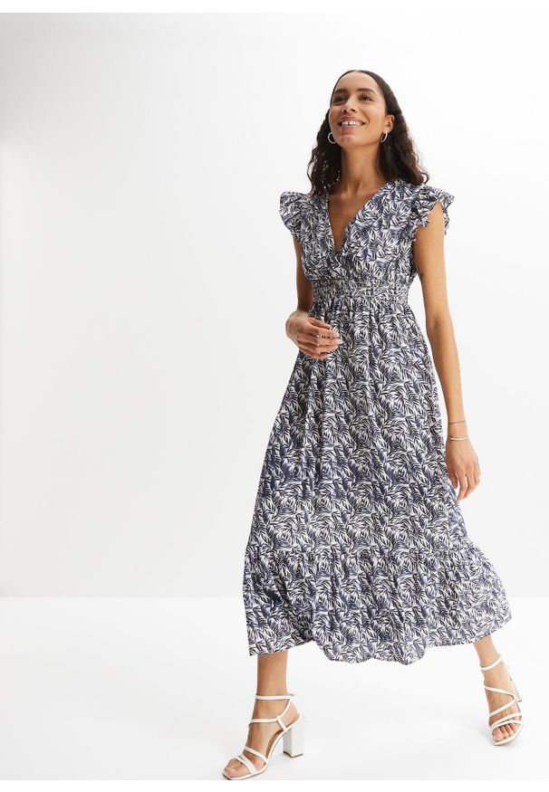 bonprix - Sukienka maxi z rękawami motylkowymi. Kolor: niebieski. Styl: elegancki. Długość: midi, maxi